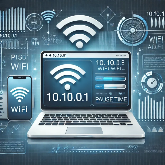Laptop or smartphone screen displaying the 10.10.0.1 Piso WiFi admin panel with the 'Pause Time'