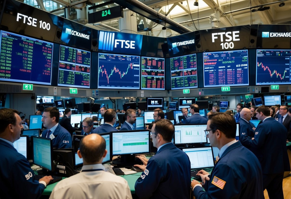 A bustling stock exchange floor with traders, screens displaying financial data, and the FTSE 100 index prominently featured