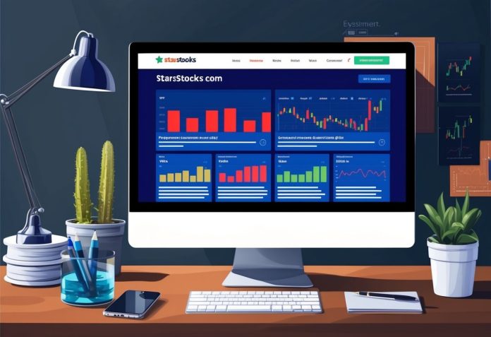 A computer screen displaying 5starsstocks.com homepage with charts and investment guides